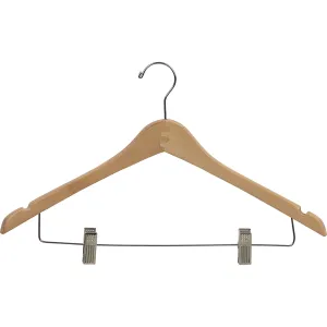 17" Contoured Wooden Suit Hanger with Metal Clips