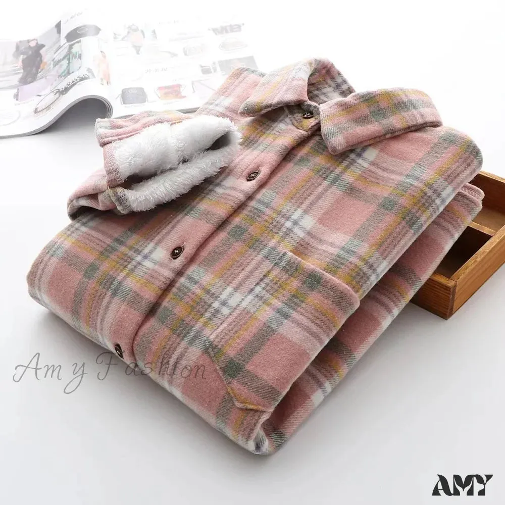 Amy Fashion - Thick Velvet Plaid Shirts Jacket