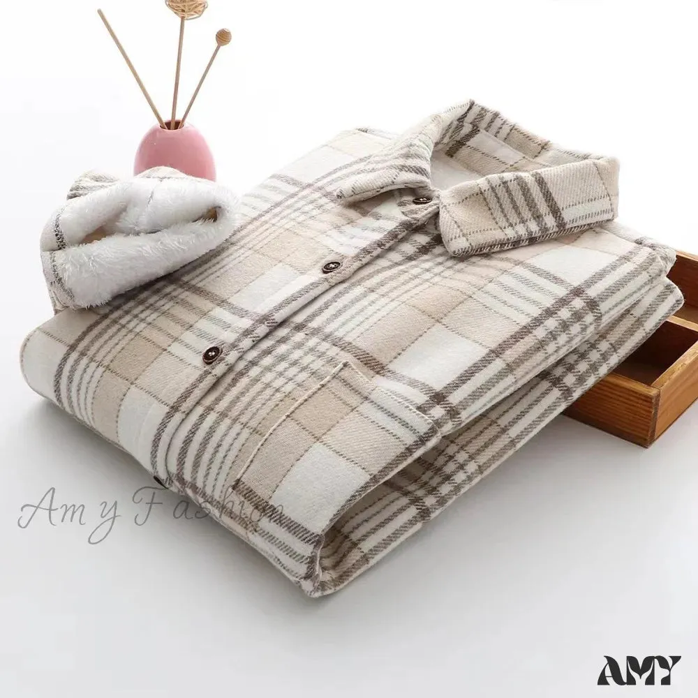 Amy Fashion - Thick Velvet Plaid Shirts Jacket