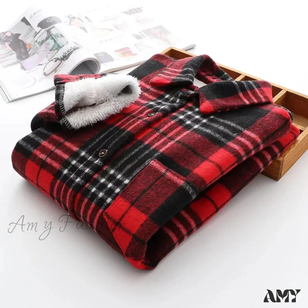 Amy Fashion - Thick Velvet Plaid Shirts Jacket