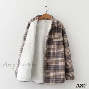 Amy Fashion - Thick Velvet Plaid Shirts Jacket