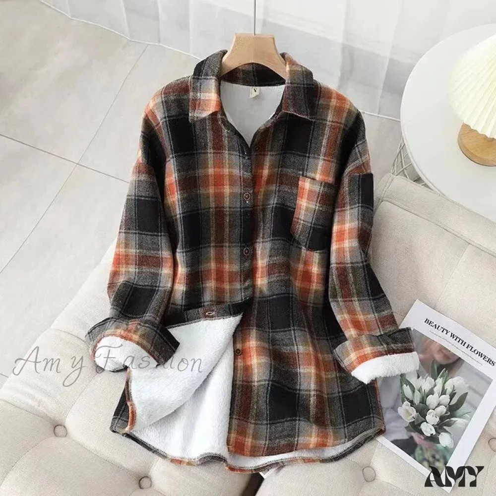 Amy Fashion - Thick Velvet Plaid Shirts Jacket