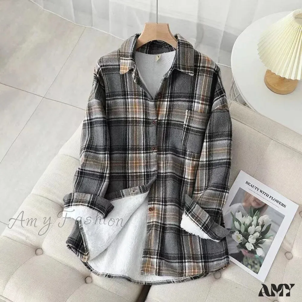 Amy Fashion - Thick Velvet Plaid Shirts Jacket