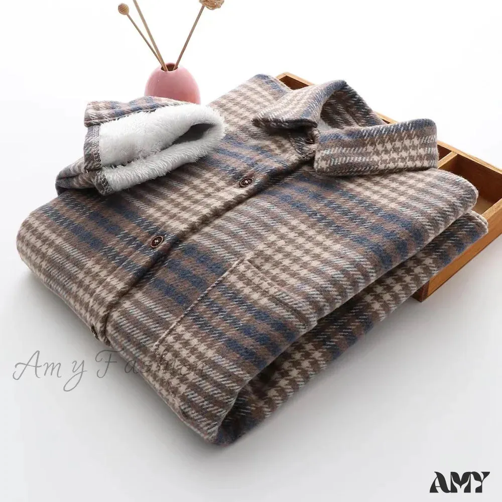 Amy Fashion - Thick Velvet Plaid Shirts Jacket