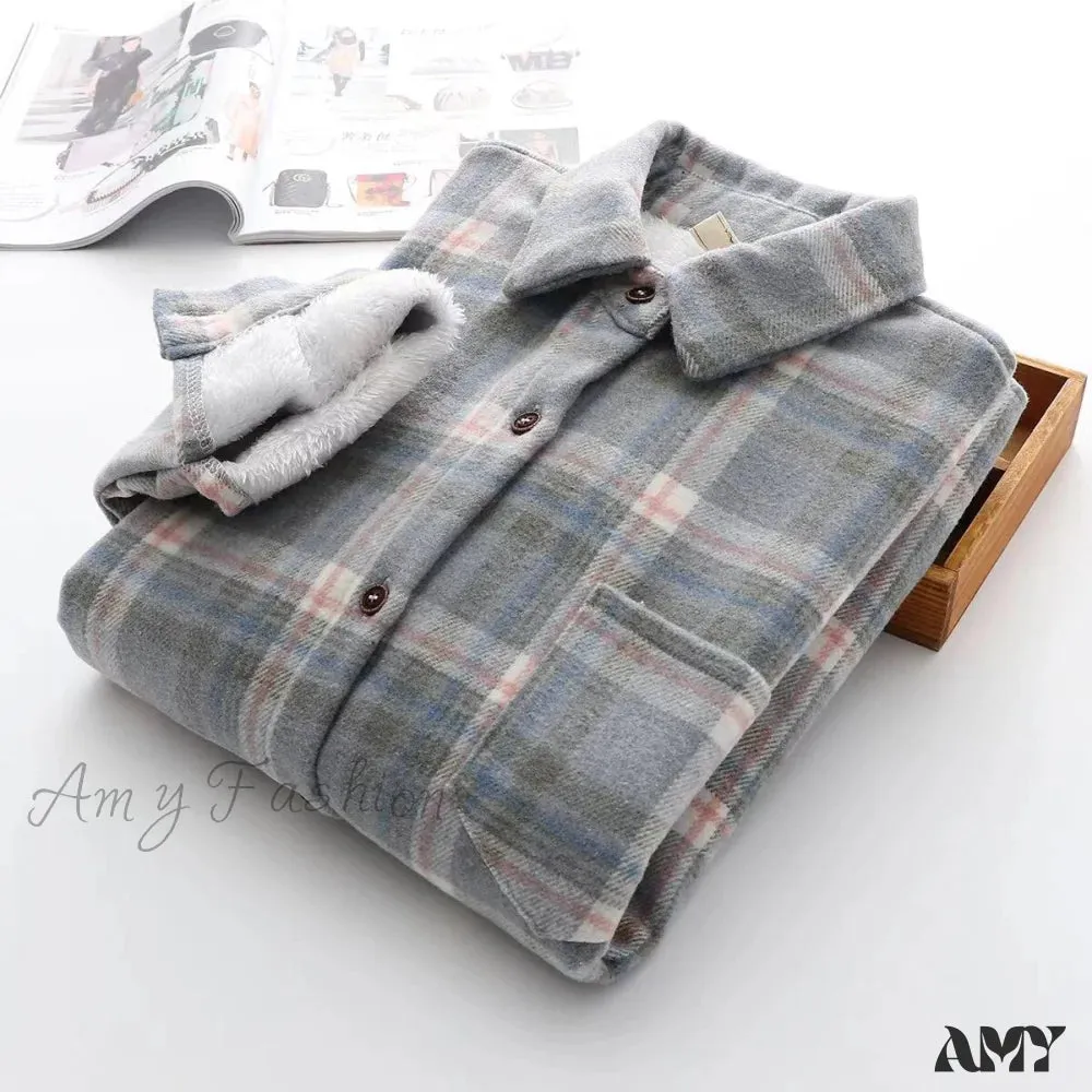 Amy Fashion - Thick Velvet Plaid Shirts Jacket