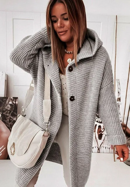 Autumn Winter Women Cardigan Jacket 2022 Fashion Casual Lady Solid Color Loose Long Sleeve Hooded Oversized Sweater Coat