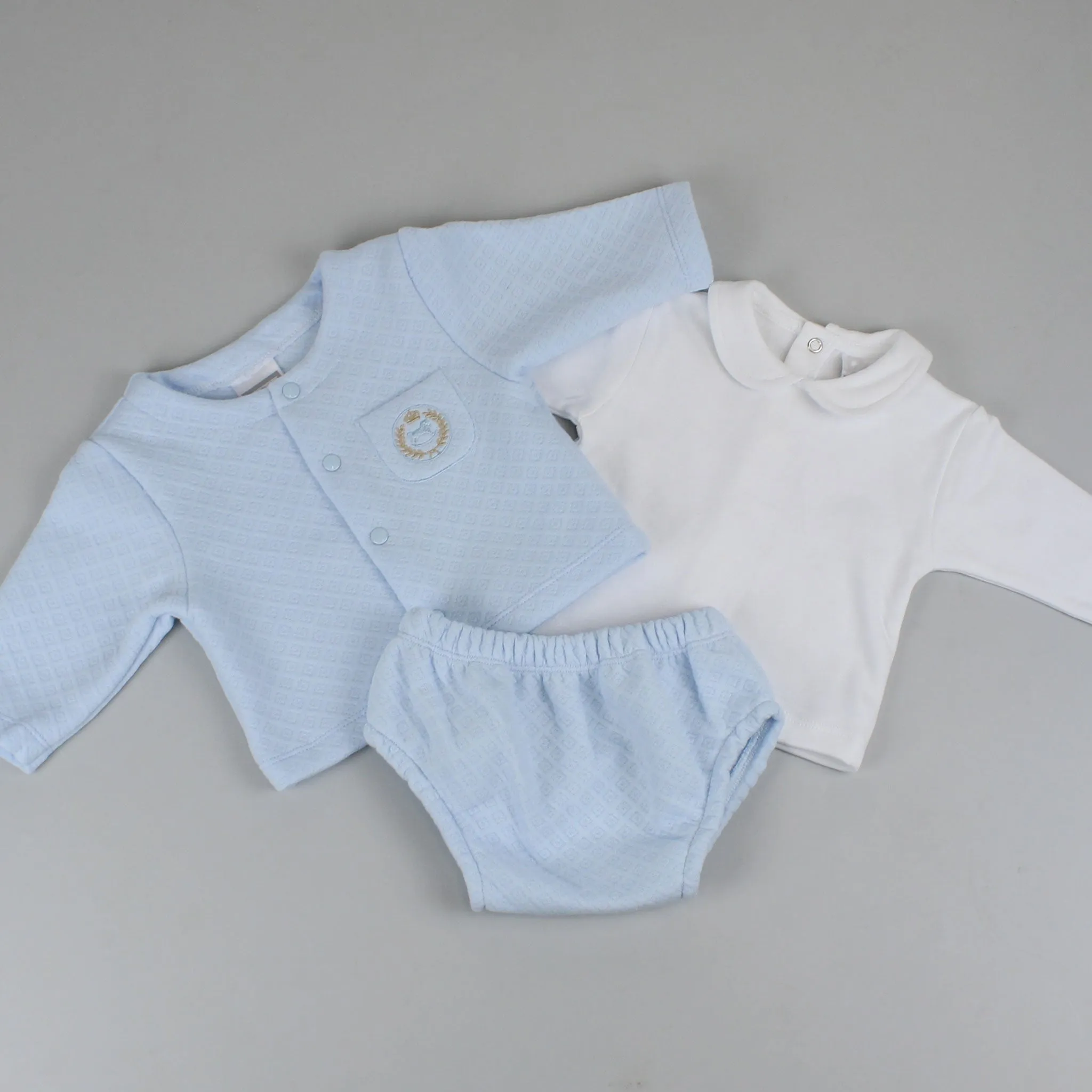 Baby Boys Blue Quilted Cardigan, Jam Pants and Shirt - Pex