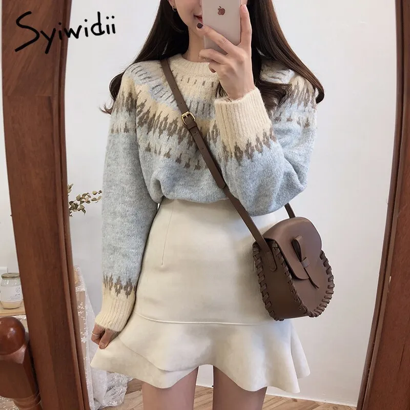 Back to College Joskaa women sweaters vintage thick striped autumn winter pullovers female korean knitted tops beige sky blue 2024 fashion new