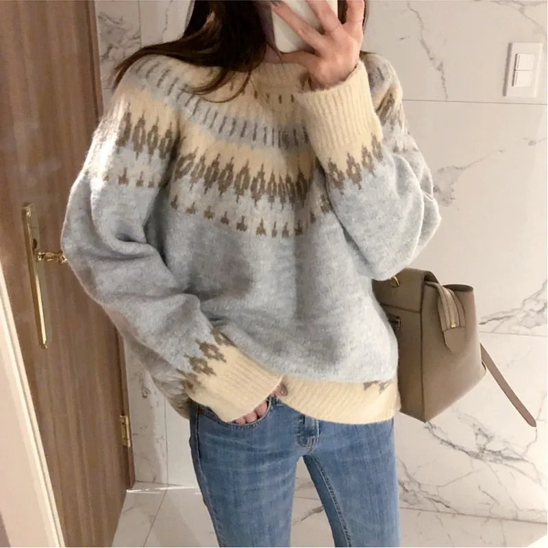 Back to College Joskaa women sweaters vintage thick striped autumn winter pullovers female korean knitted tops beige sky blue 2024 fashion new