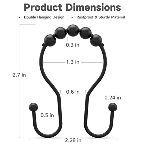 Bathway Shower Curtain Hooks Bathway Shower Curtain Rings Black Shower Curtain Hooks RustProof Smooth Metal Double Shower Curtain Hooks, Shower Hooks for Shower Curtain Liner Bathroom Shower Rod Hook