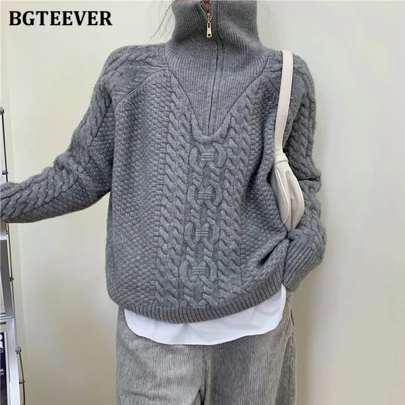 Christmas Gift Joskaa Vintage Turtleneck Zippers Women Knitted Sweater Long Sleeve Loose Thicken Twisted Female Pullovers Sweaters Winter