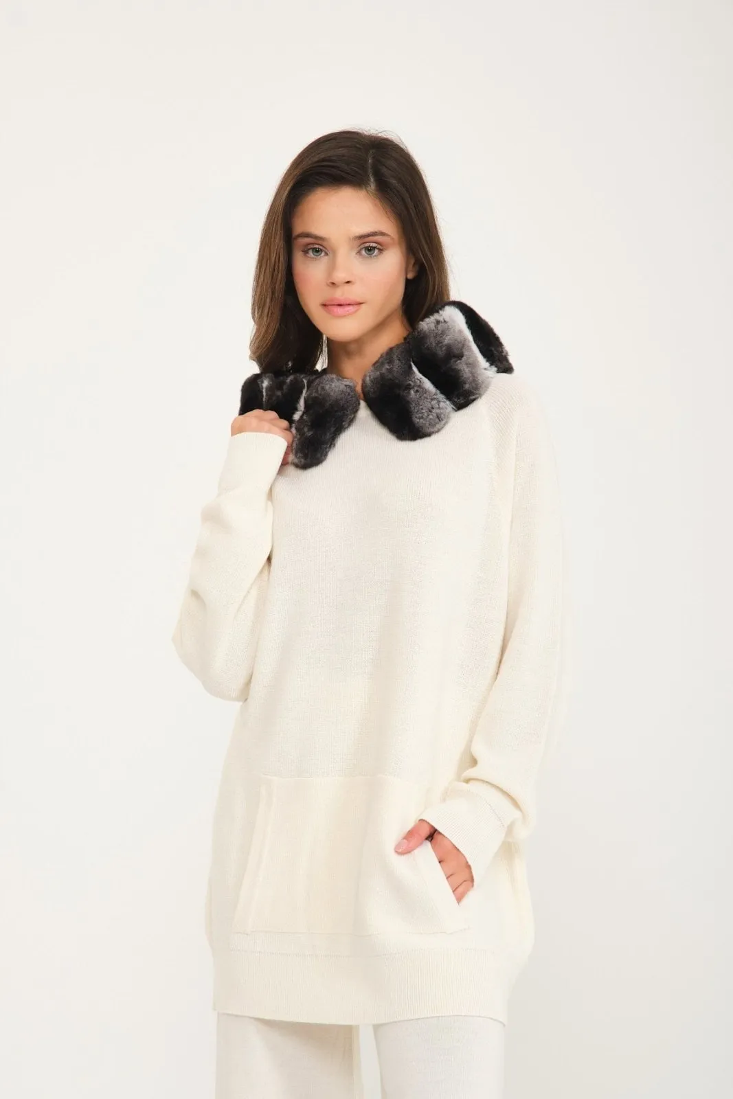 Ecru Chinchilla Fur Lined Wool Hoodie & Pants Set