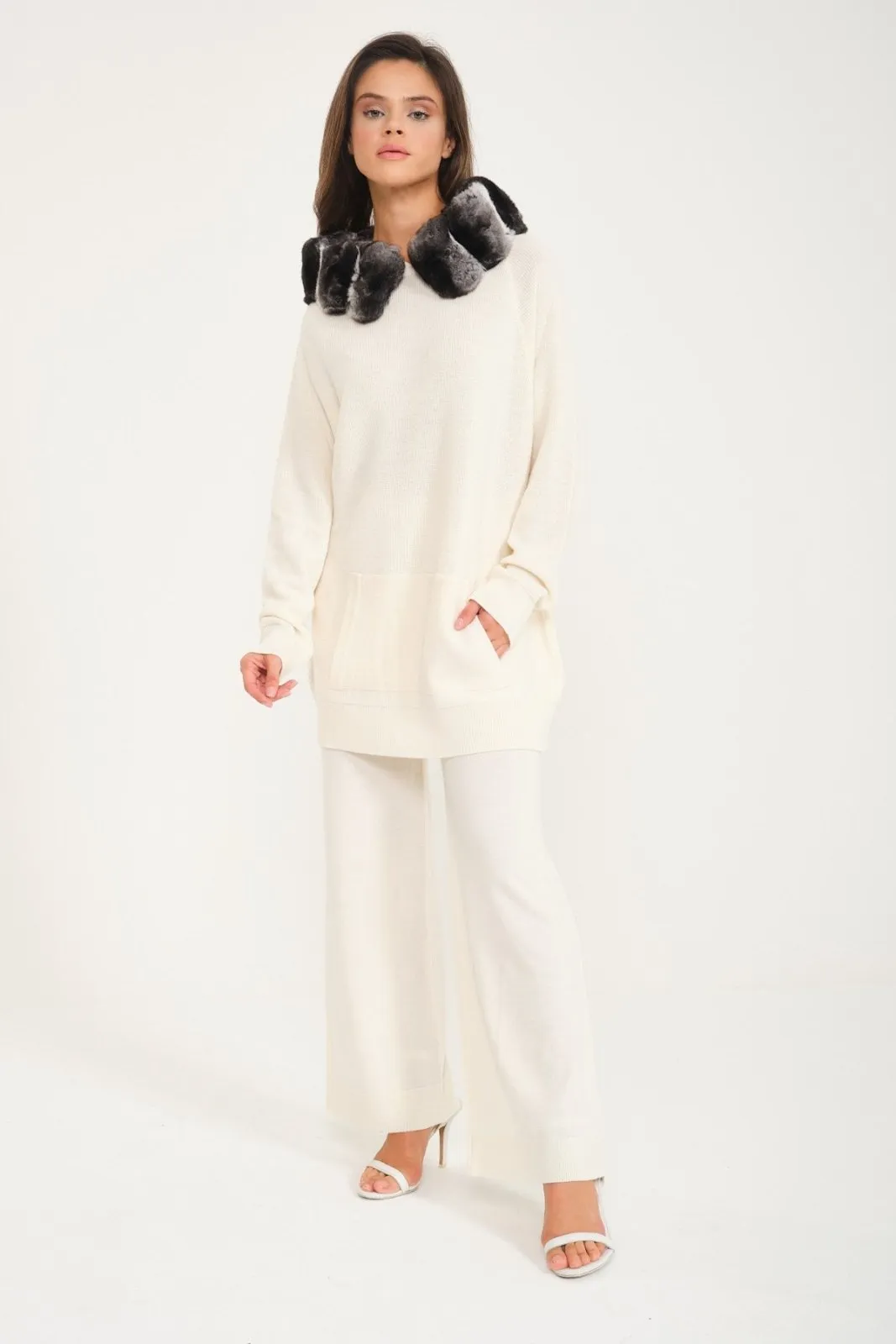 Ecru Chinchilla Fur Lined Wool Hoodie & Pants Set