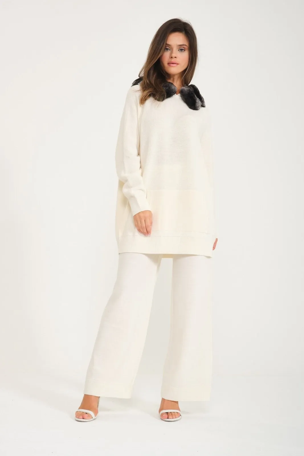 Ecru Chinchilla Fur Lined Wool Hoodie & Pants Set