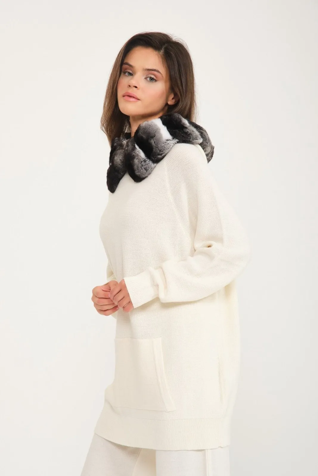 Ecru Chinchilla Fur Lined Wool Hoodie & Pants Set