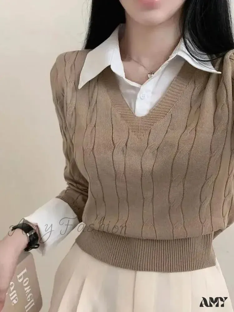 Fashion Winter Knitted Women Casual V-Neck Pullover All-match Loose Sweater