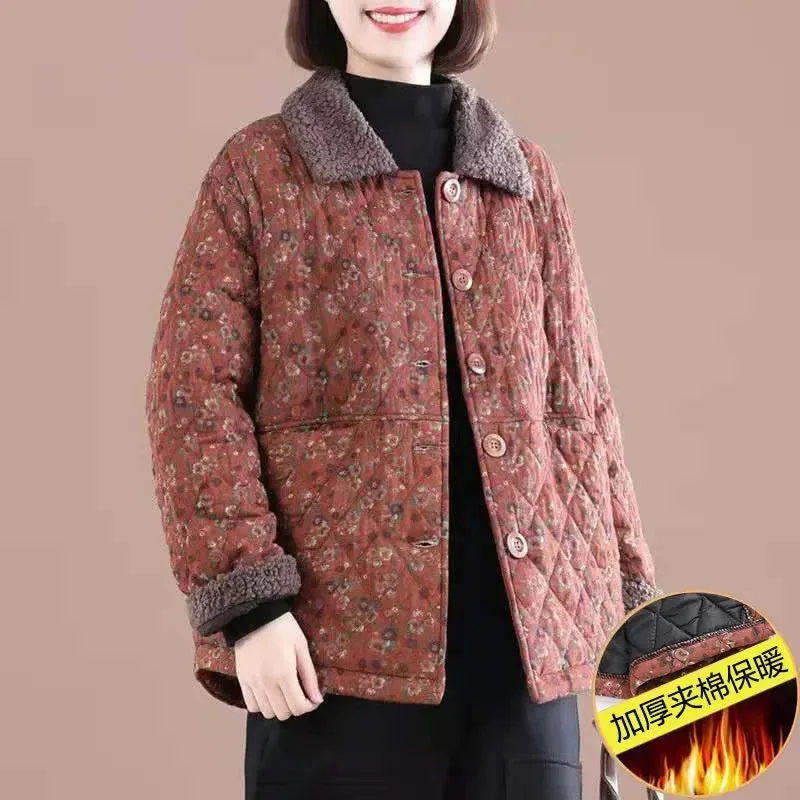 Female Autumn Winter Loose Short Cotton-padded Jacket Women Floral Coat Cotton-padded Jacket Middle-aged Cotton Linen Jacket