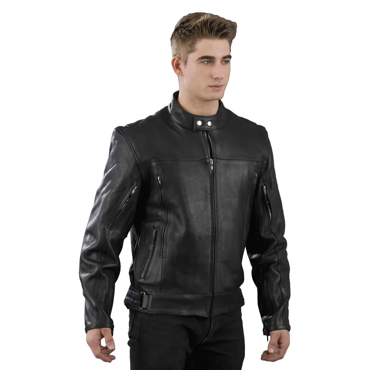 Genuine Leather EL1409 Men's Black Leather Vented Mandarin Collar Racer Jacket