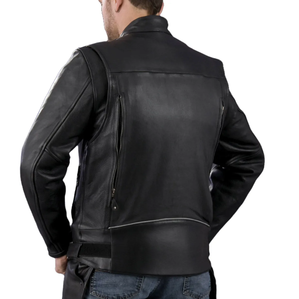 Genuine Leather EL1409 Men's Black Leather Vented Mandarin Collar Racer Jacket