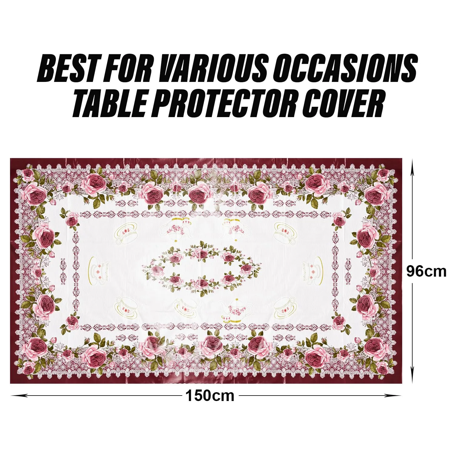 Heart Home Center Table Cover | PVC Cup Design with Floral Border Table Cover | Luxurious Table Protector Cover Without Lace for Home | 40x60 Inch | Pink