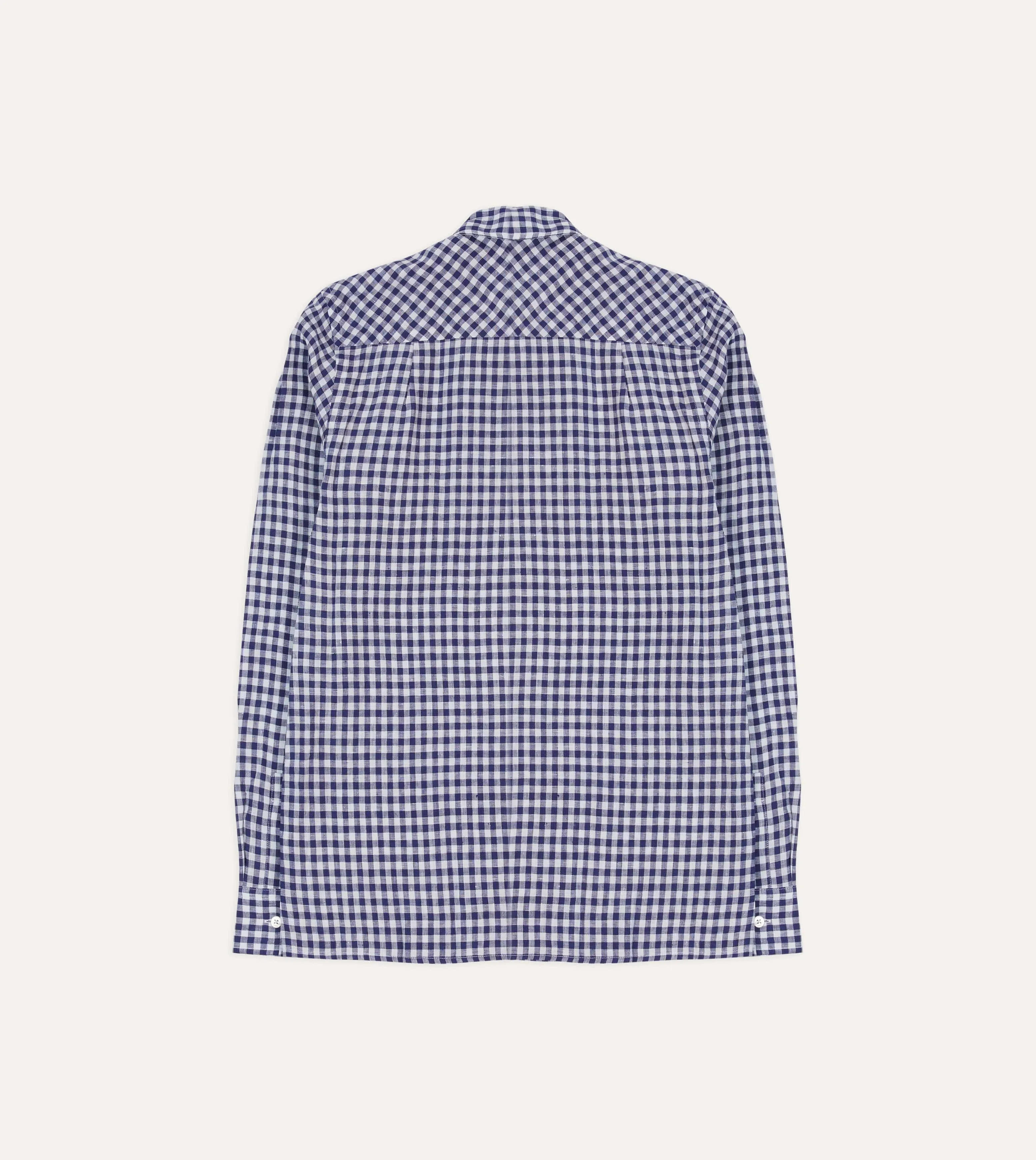 Navy Gingham Check Linen Camp Collar Long Sleeve Shirt