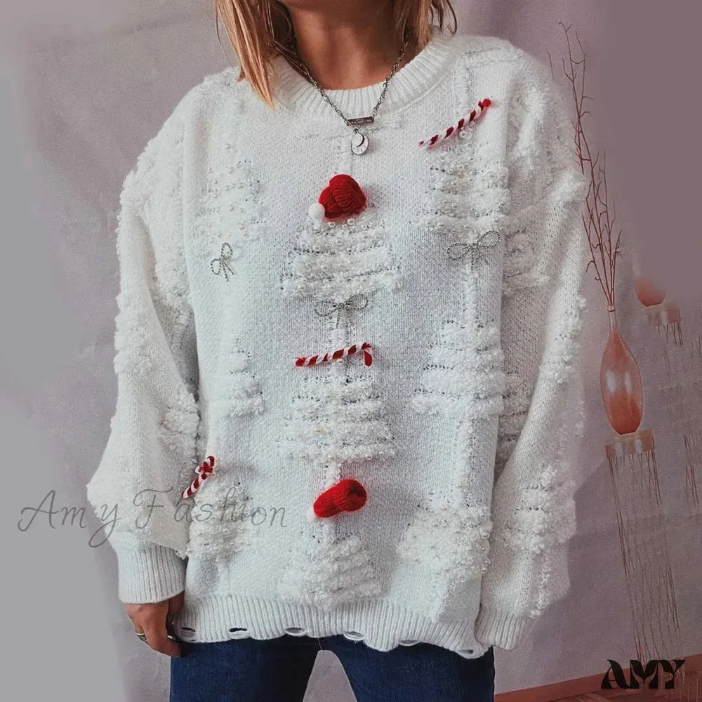 O-Neck Lantern Sleeve Loose Knitted Casual Christmas Sweater