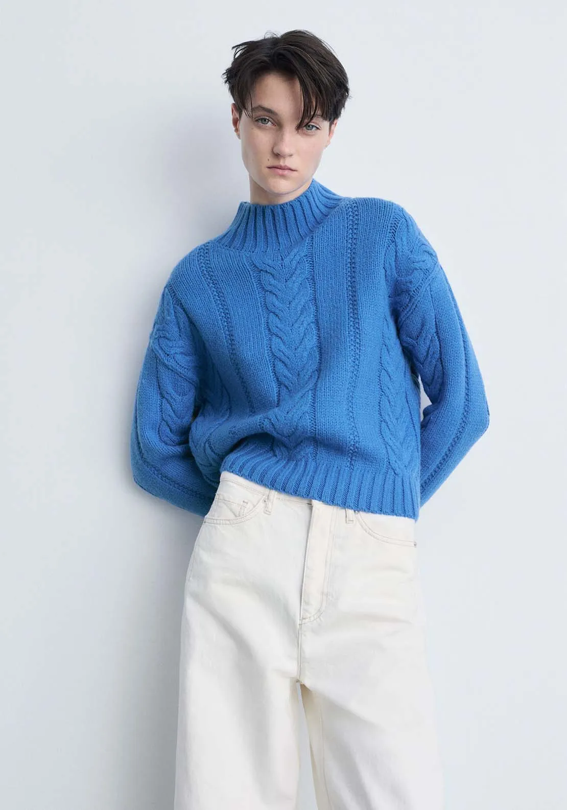 Perkins-neck braided sweater - Bright Blue