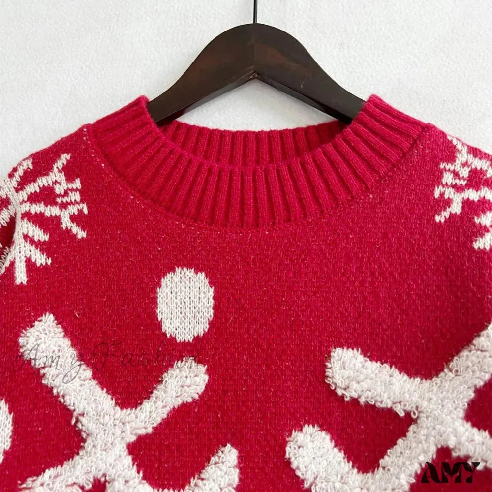 Pink Christmas Sweater with Loose Neck and Love Heart Pattern