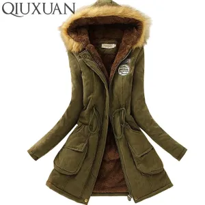 QIUXUAN Women Parka Fashion Autumn Winter Warm Jackets Women Fur Collar Coats Long Parkas Hoodies Office Lady Cotton Plus Size