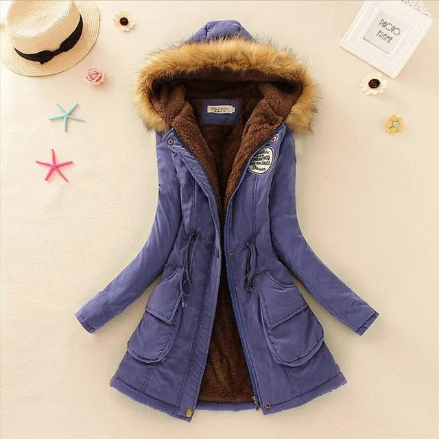 QIUXUAN Women Parka Fashion Autumn Winter Warm Jackets Women Fur Collar Coats Long Parkas Hoodies Office Lady Cotton Plus Size