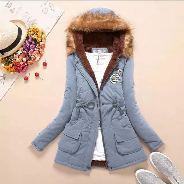 QIUXUAN Women Parka Fashion Autumn Winter Warm Jackets Women Fur Collar Coats Long Parkas Hoodies Office Lady Cotton Plus Size