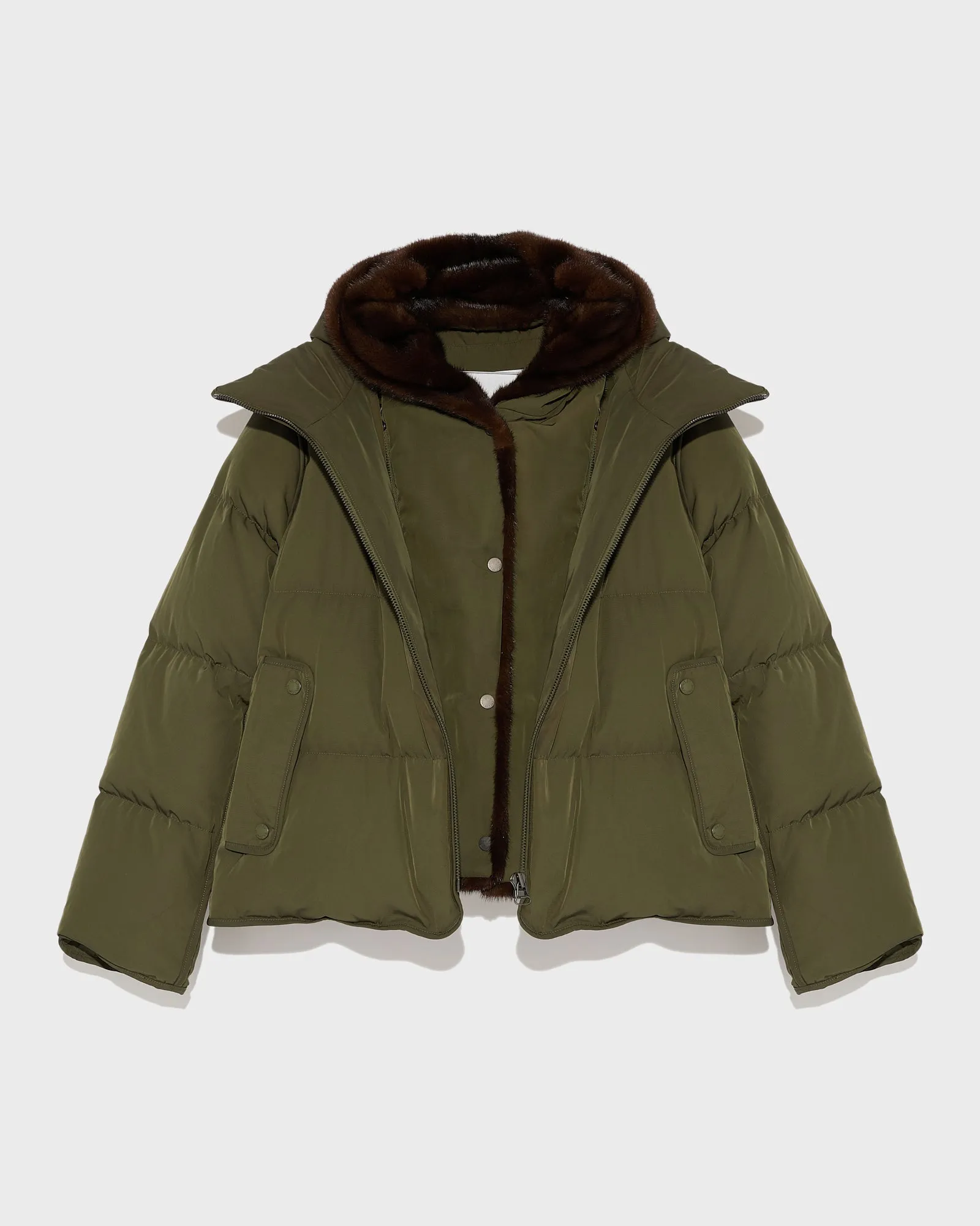 "A" line down jacket in technical fabric with long-haired mink hooded bib