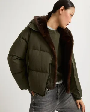 "A" line down jacket in technical fabric with long-haired mink hooded bib