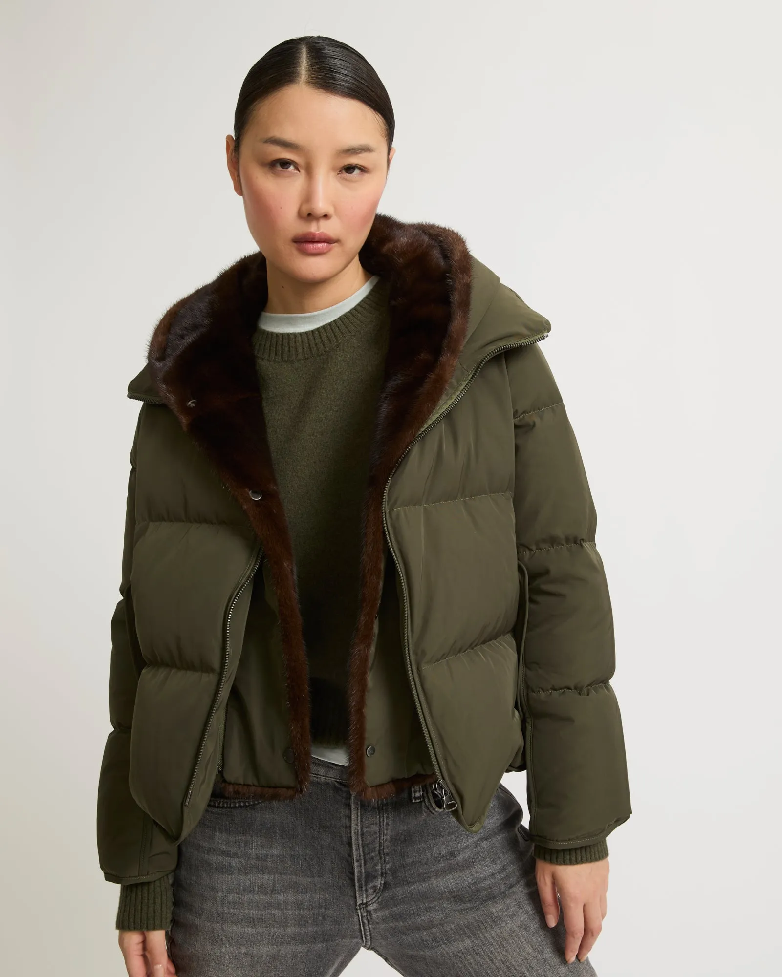 "A" line down jacket in technical fabric with long-haired mink hooded bib