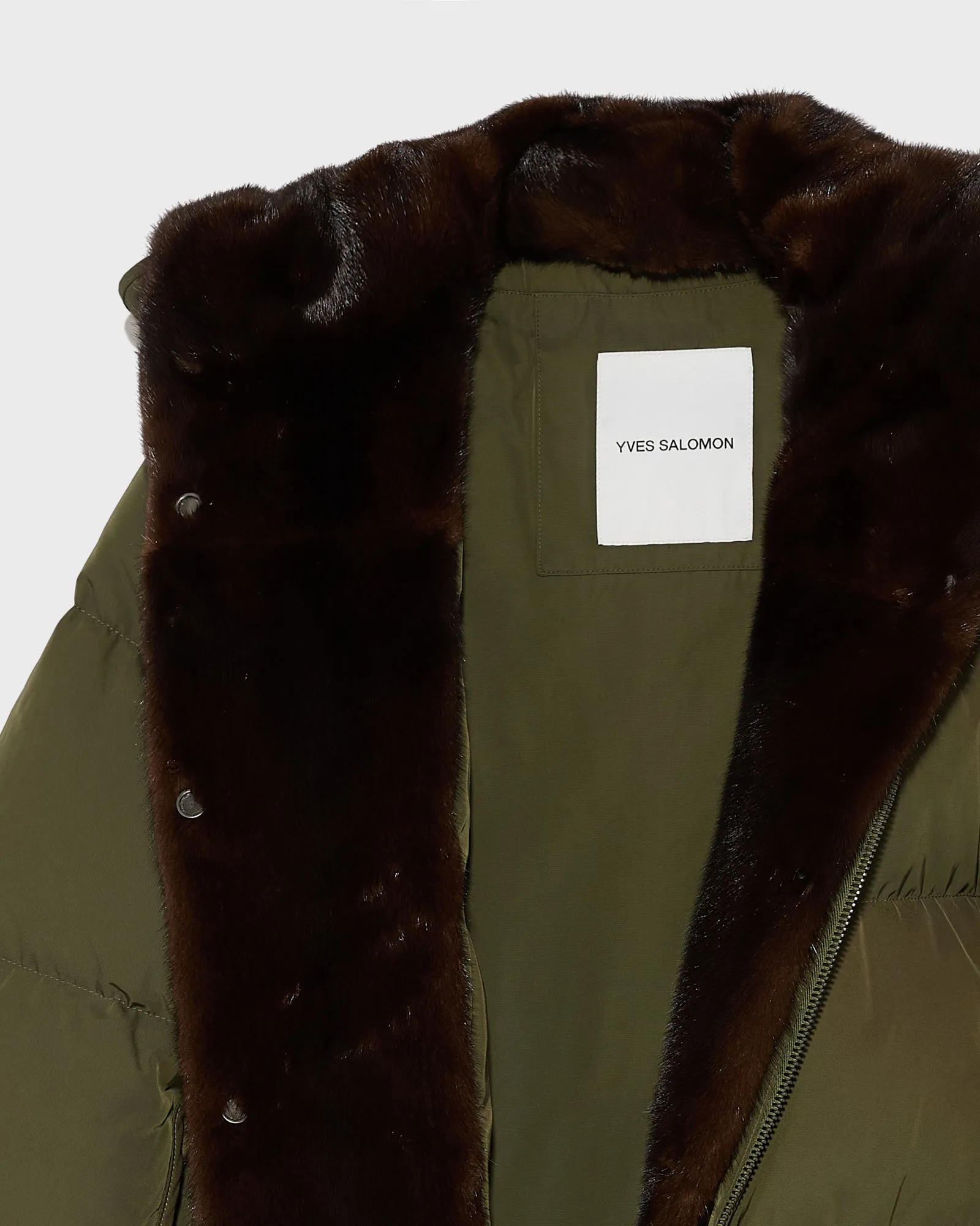 "A" line down jacket in technical fabric with long-haired mink hooded bib