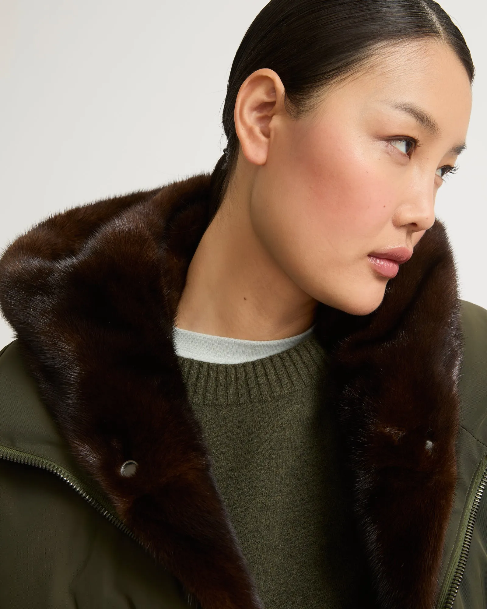 "A" line down jacket in technical fabric with long-haired mink hooded bib