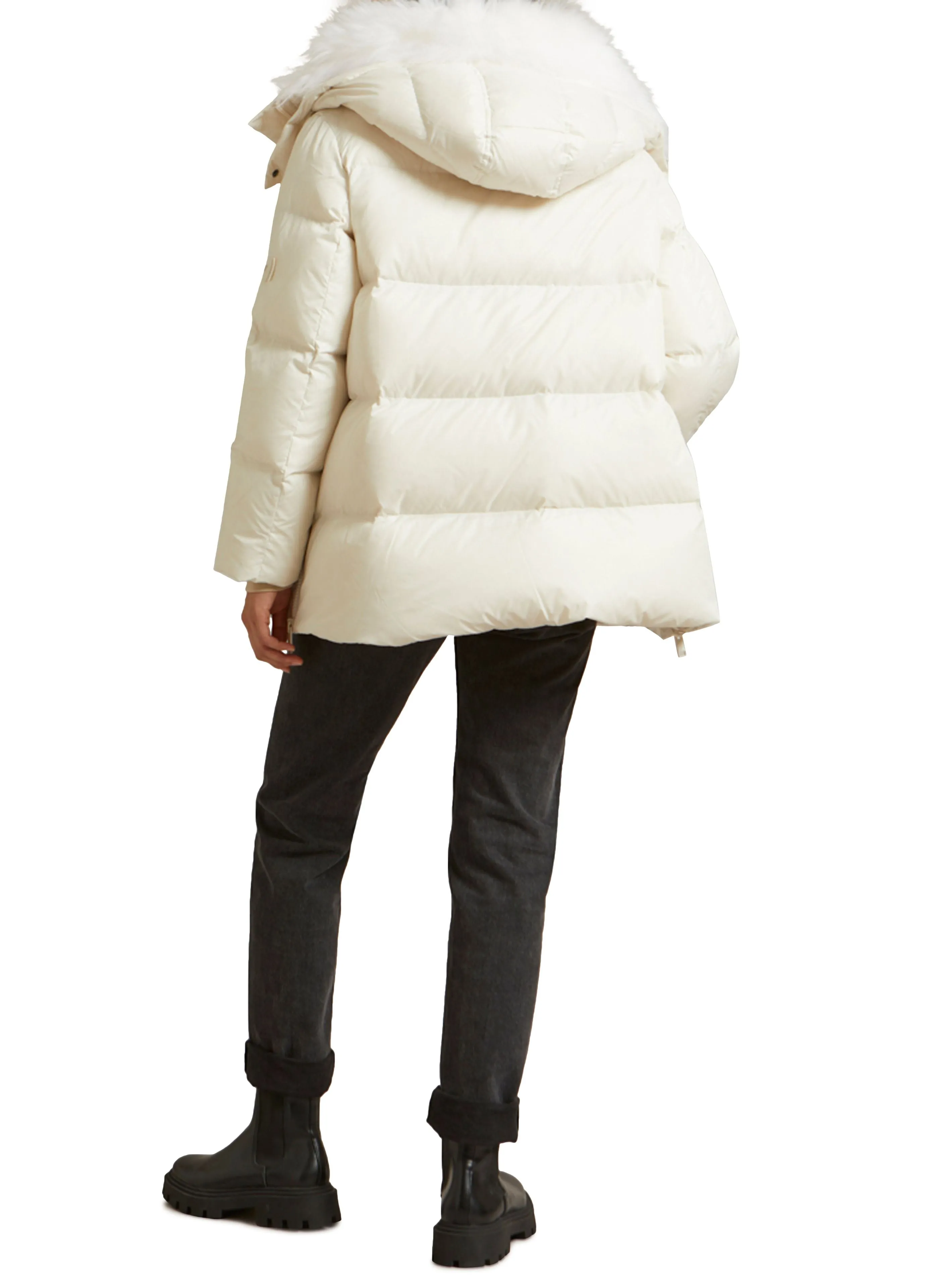 "A" line down jacket in water-repellent technical fabric with fluffy lambswool collar