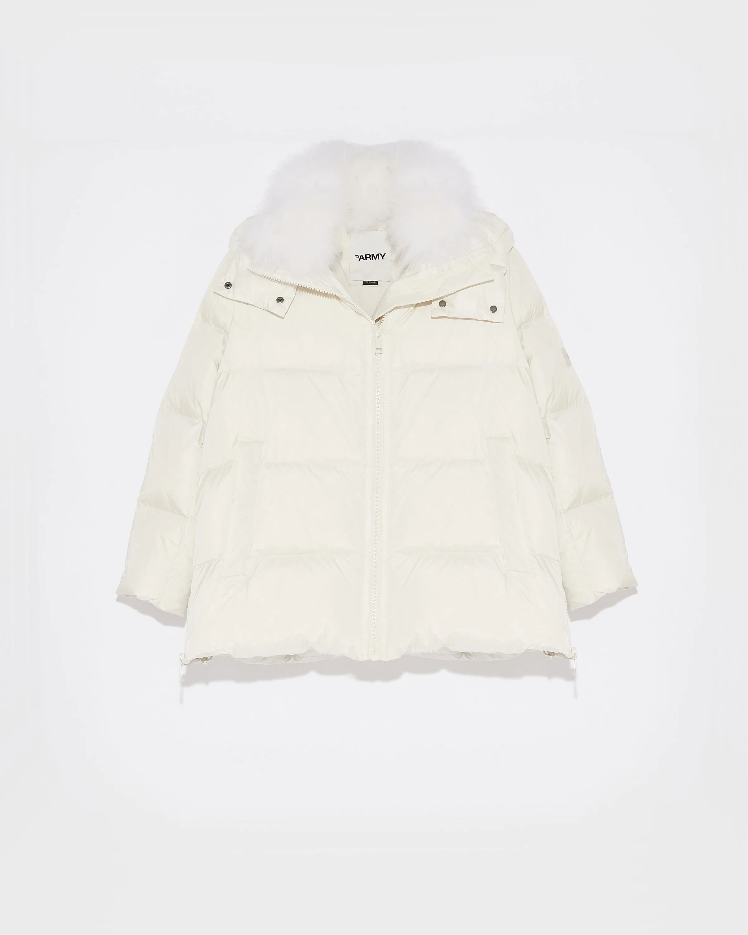 "A" line down jacket in water-repellent technical fabric with fluffy lambswool collar