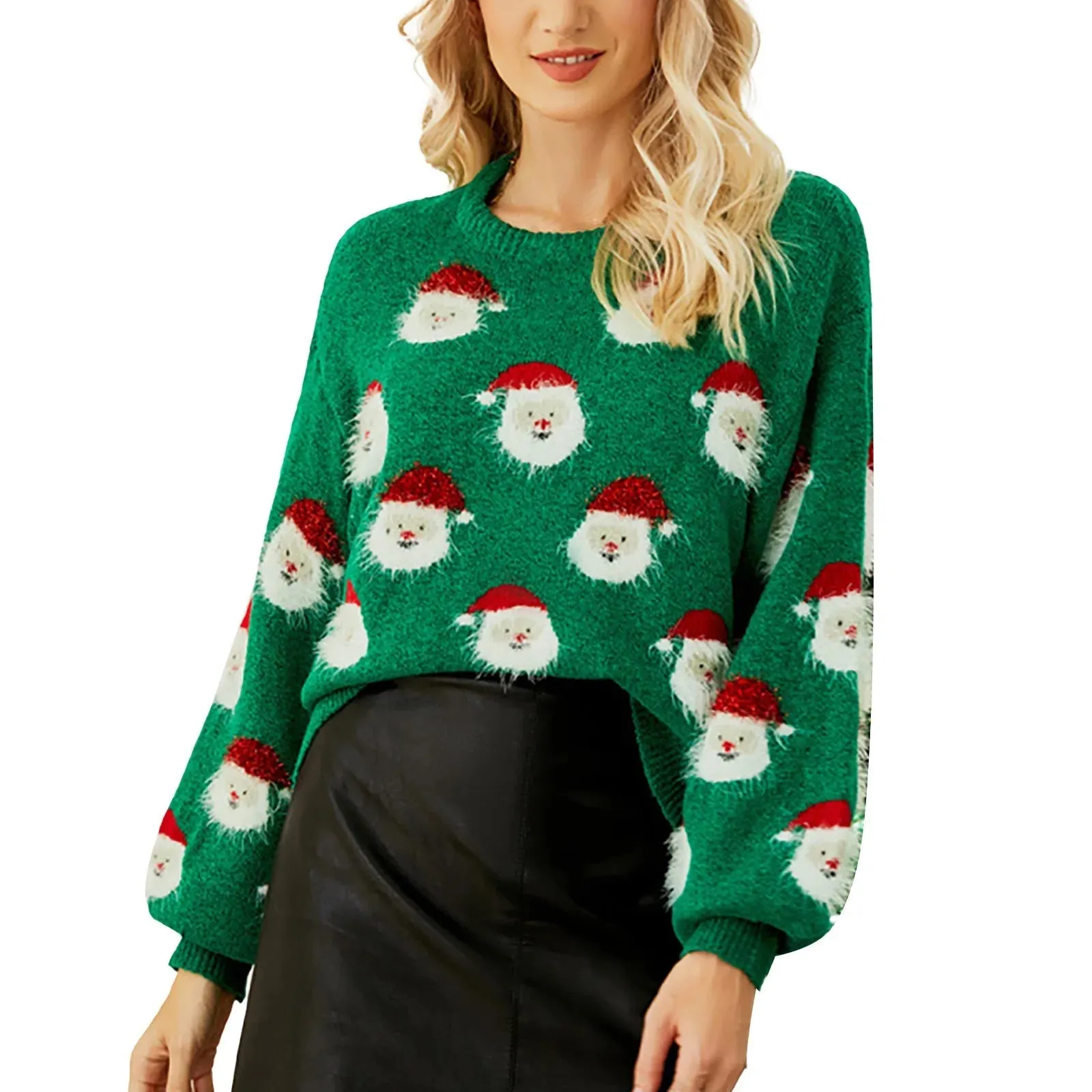 Santa Head Pattern Winter Fleece CrewNeck Christmas Sweater