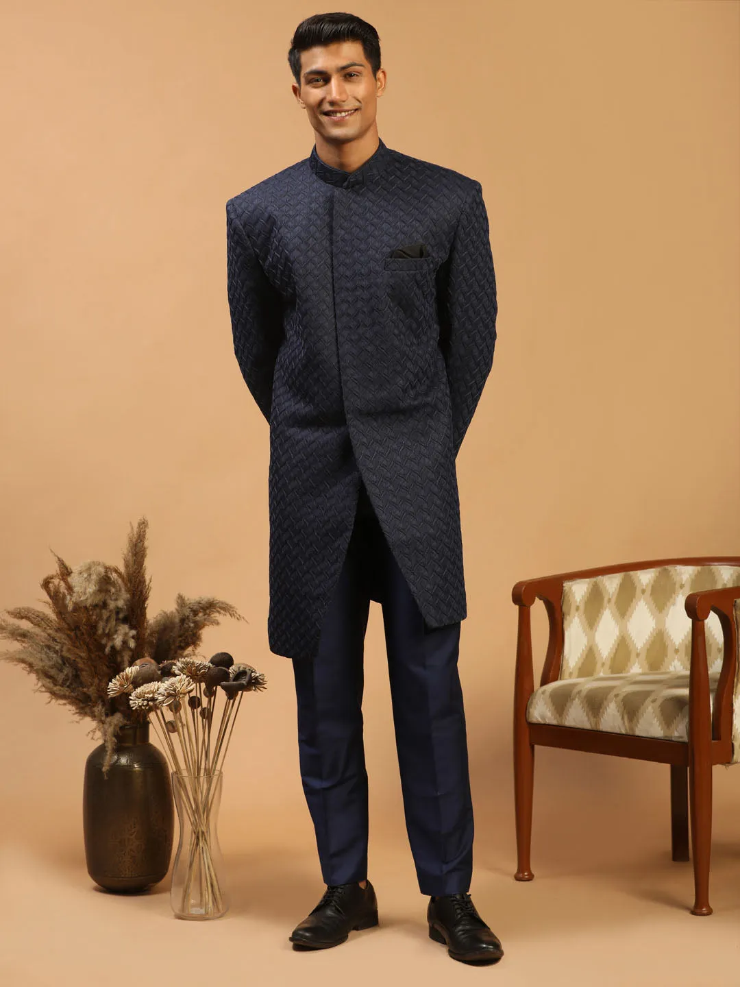 SHRESTHA By VASTRAMAY Men's Navy Blue Jacquard Sherwani Set