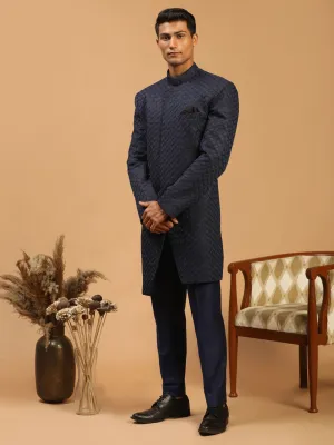 SHRESTHA By VASTRAMAY Men's Navy Blue Jacquard Sherwani Set