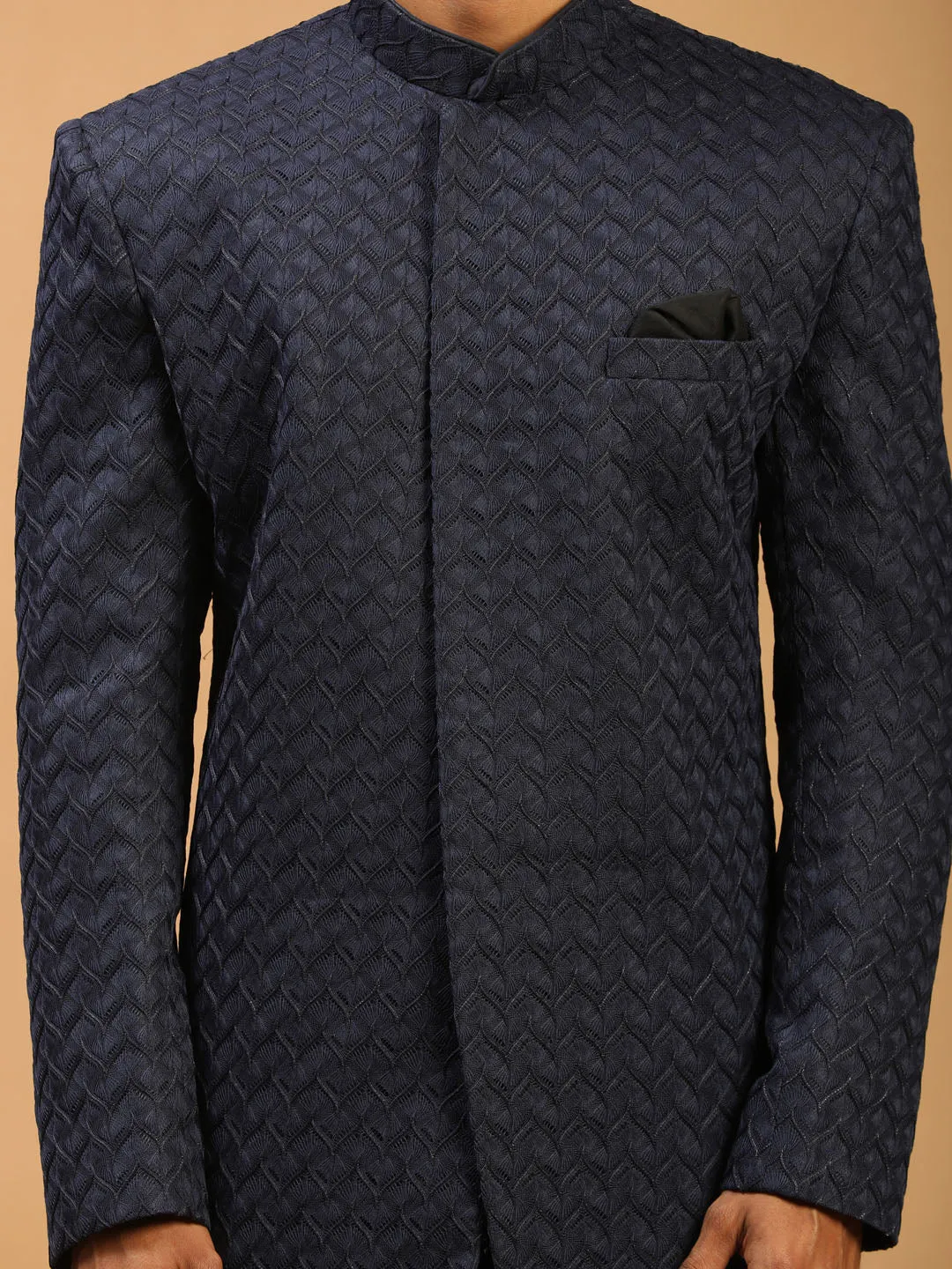 SHRESTHA By VASTRAMAY Men's Navy Blue Jacquard Sherwani Set