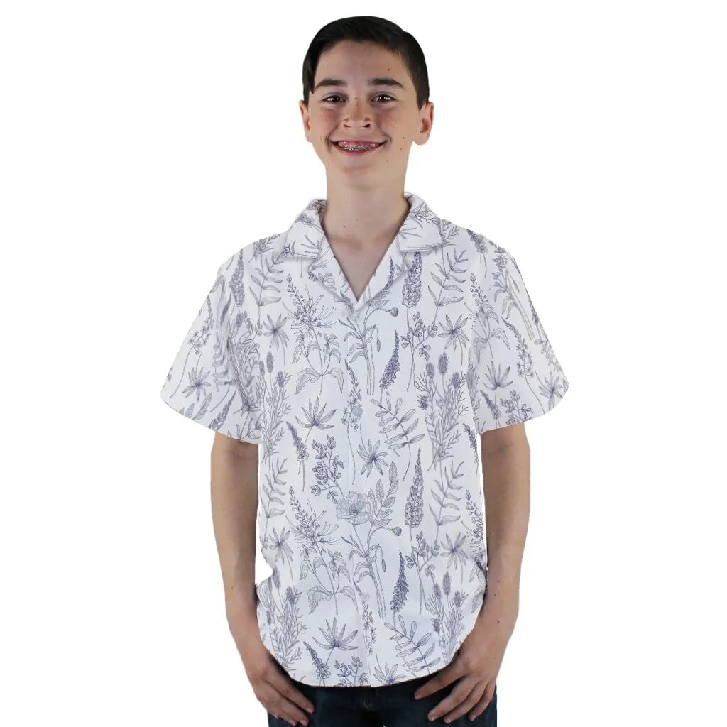 Simple Botany Flowers Herbs White Blue Youth Hawaiian Shirt