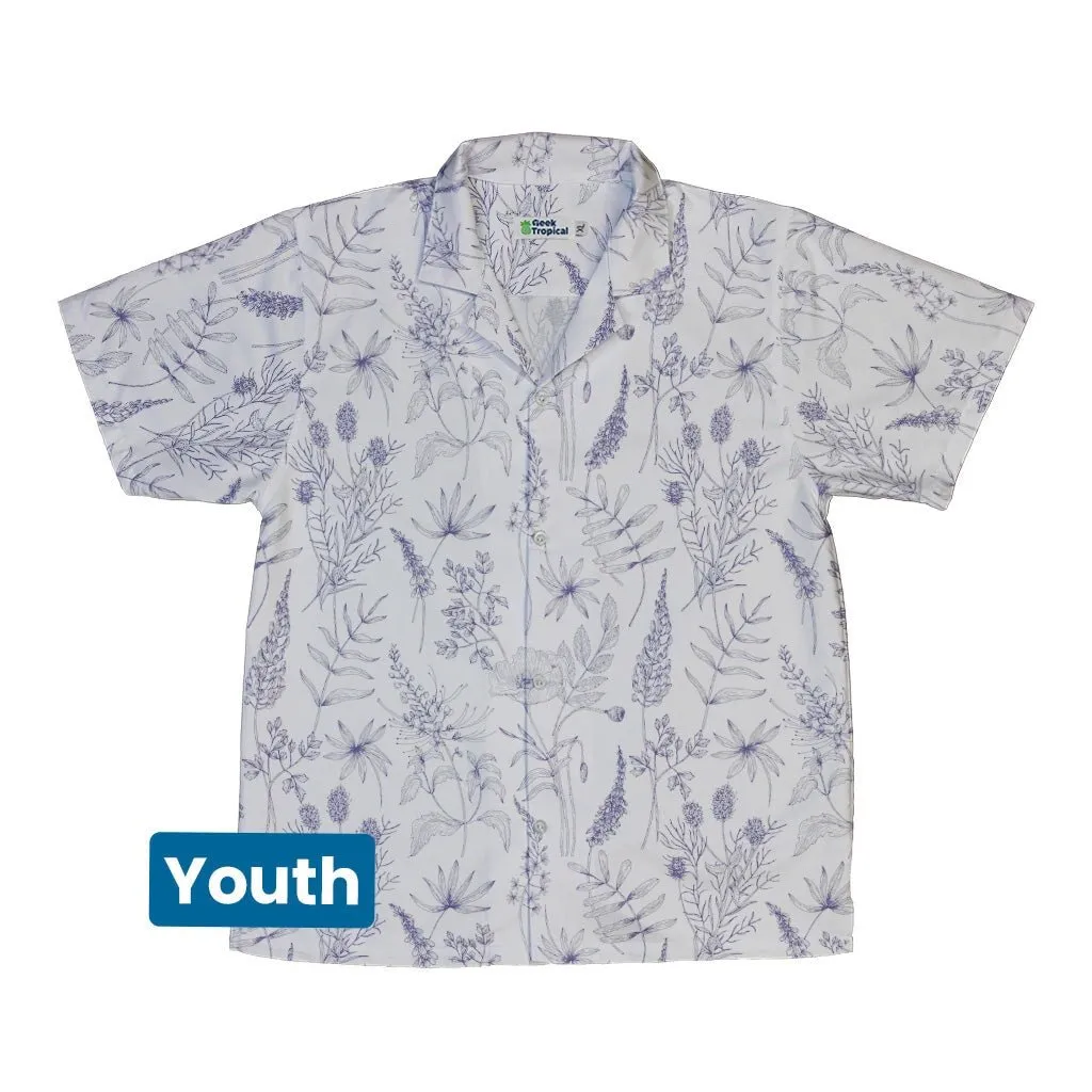 Simple Botany Flowers Herbs White Blue Youth Hawaiian Shirt