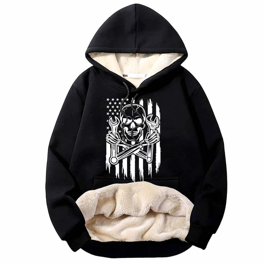 Skull Mechanic Wrenches US Flag Fleece Sherpa Hoodie