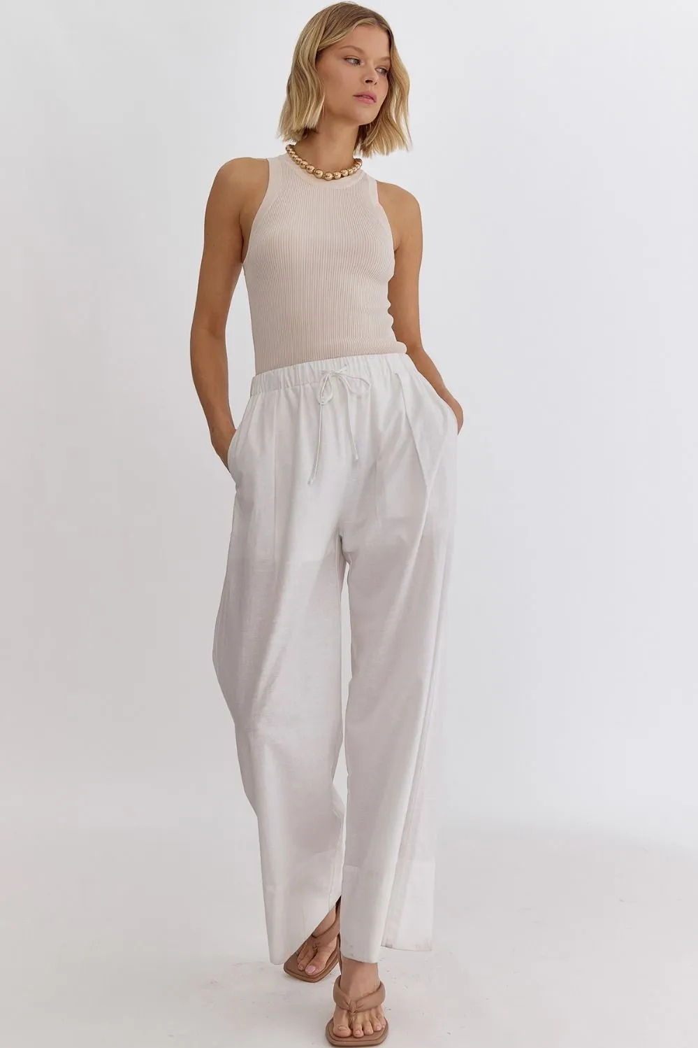 Solid High-Waisted Wide-Leg Pants Featuring Drawstring Waist W/POCKETS