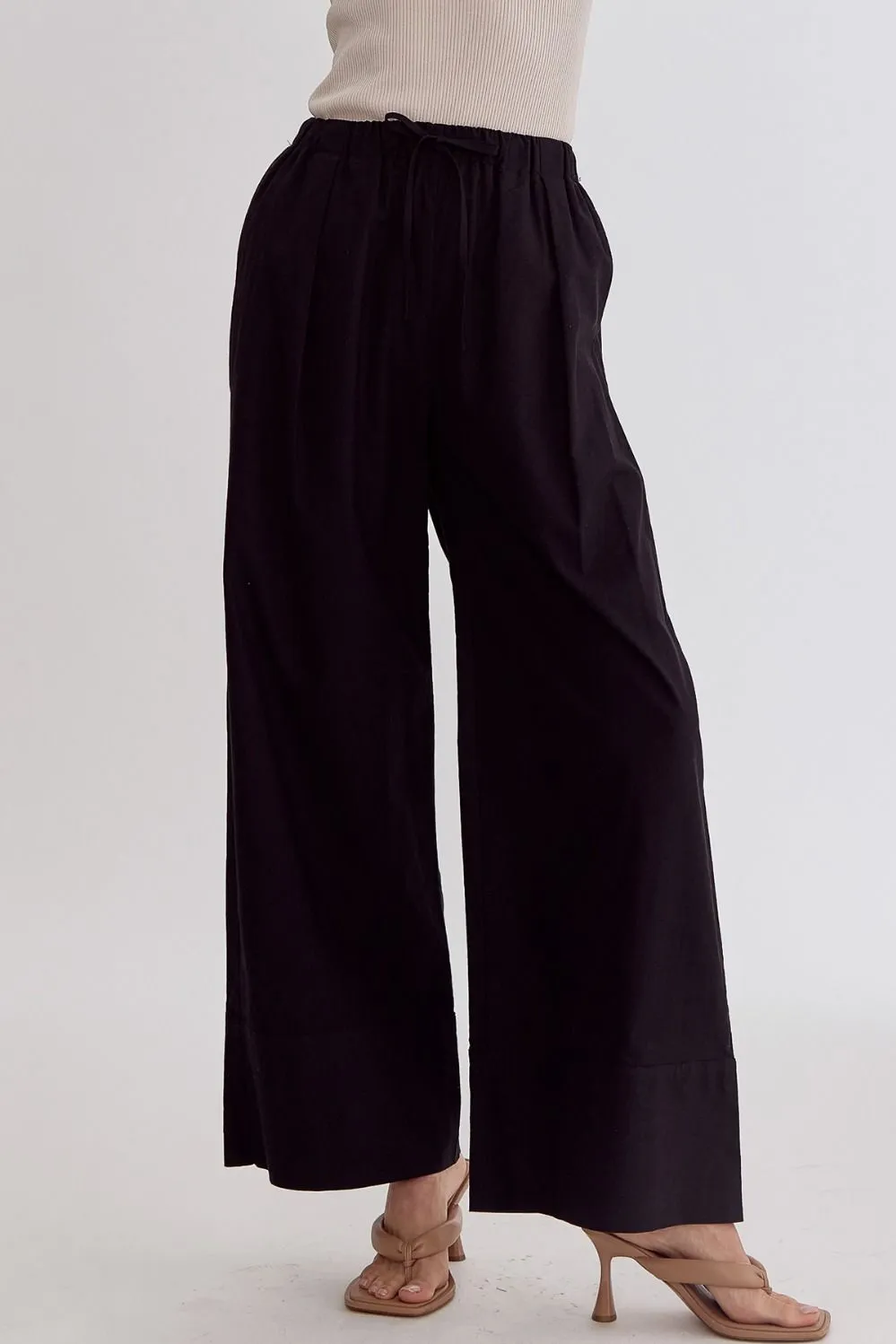 Solid High-Waisted Wide-Leg Pants Featuring Drawstring Waist W/POCKETS