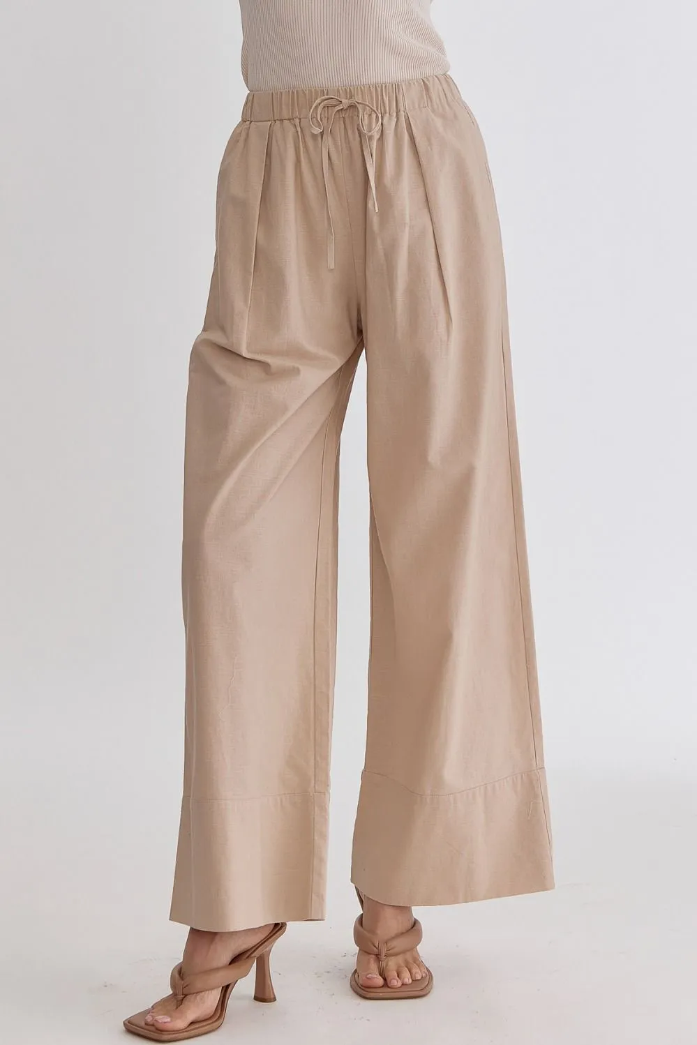 Solid High-Waisted Wide-Leg Pants Featuring Drawstring Waist W/POCKETS