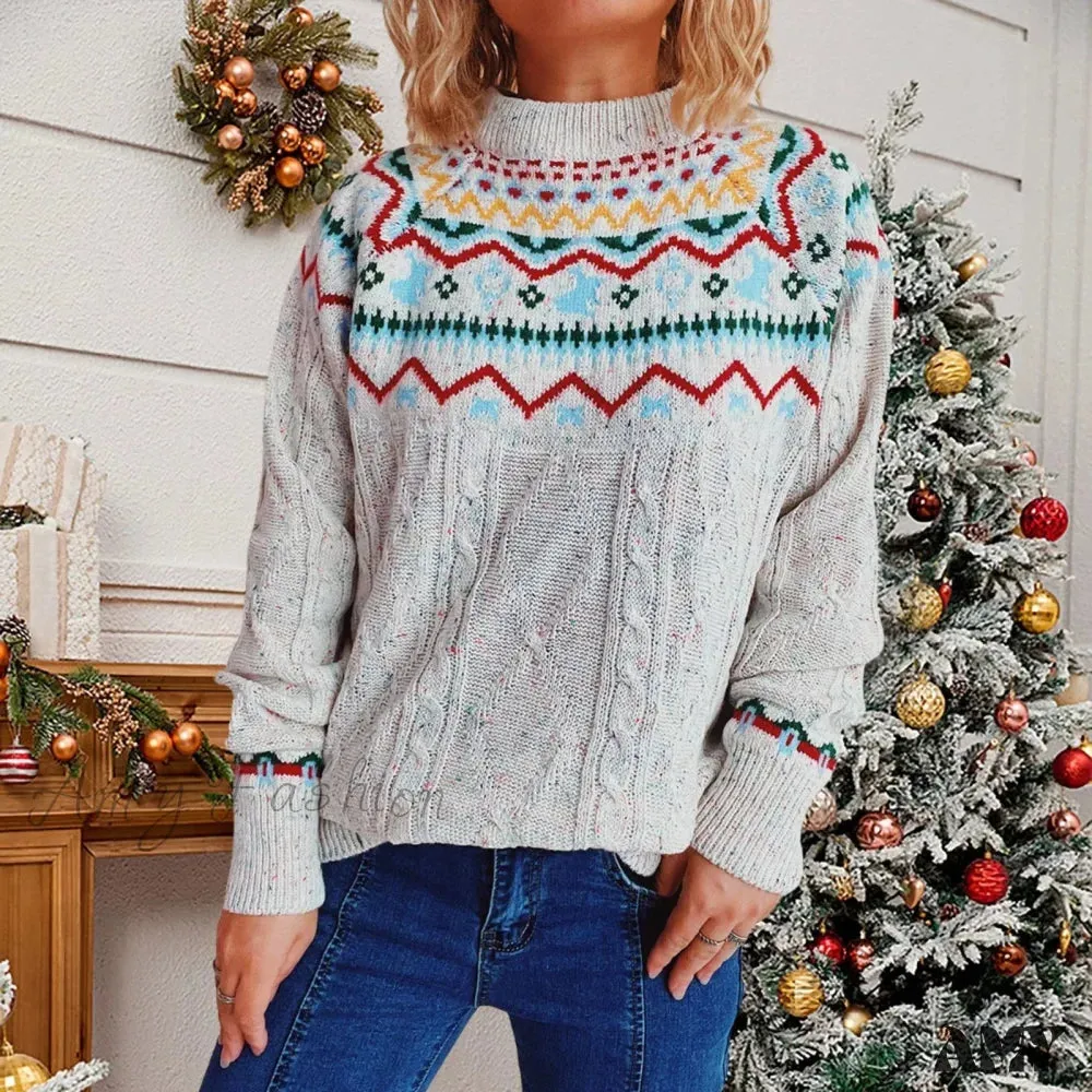 Striped Long Sleeve Jacquard O-Neck Loose Christmas Sweater