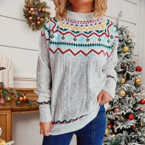 Striped Long Sleeve Jacquard O-Neck Loose Christmas Sweater